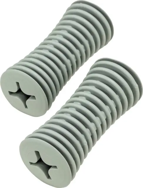 Two Universal Built-up Handles with a grey, ribbed plastic design and Phillips head screw slots, positioned parallel on a white background.