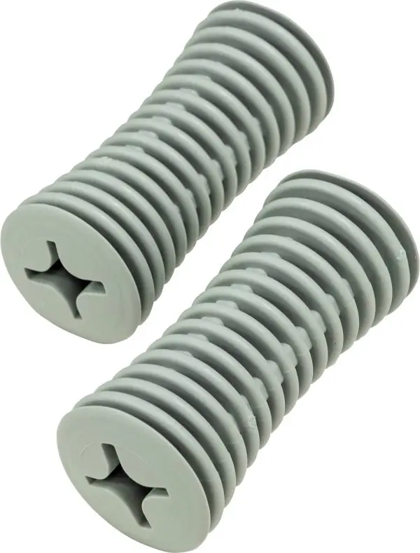 Two Universal Built-up Handles with a grey, ribbed plastic design and Phillips head screw slots, positioned parallel on a white background.