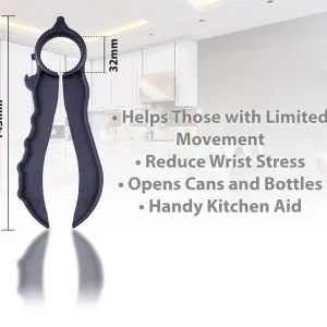 The Plastic Multi Opener, measuring 145mm in length and 32mm in width, is displayed upright in a contemporary kitchen. The accompanying text highlights its advantages for individuals with limited movement and emphasises how it makes opening tins and bottles easy.