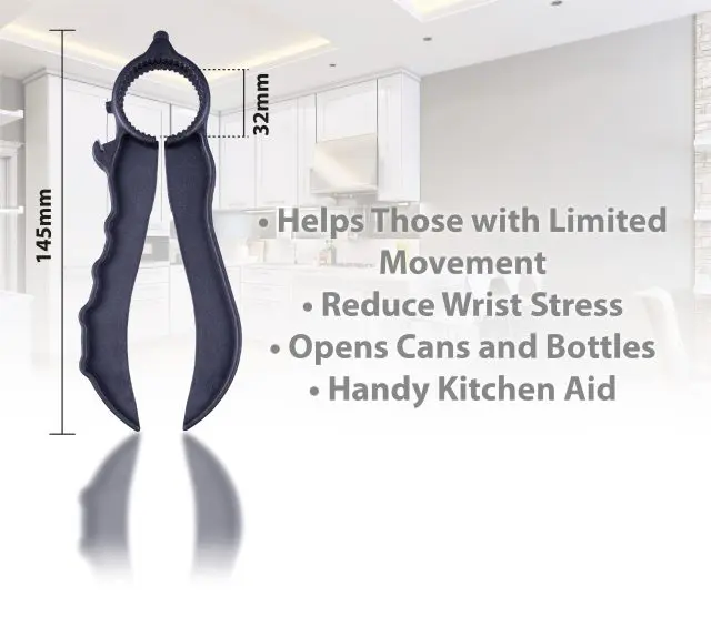 The Plastic Multi Opener, measuring 145mm in length and 32mm in width, is displayed upright in a contemporary kitchen. The accompanying text highlights its advantages for individuals with limited movement and emphasises how it makes opening tins and bottles easy.