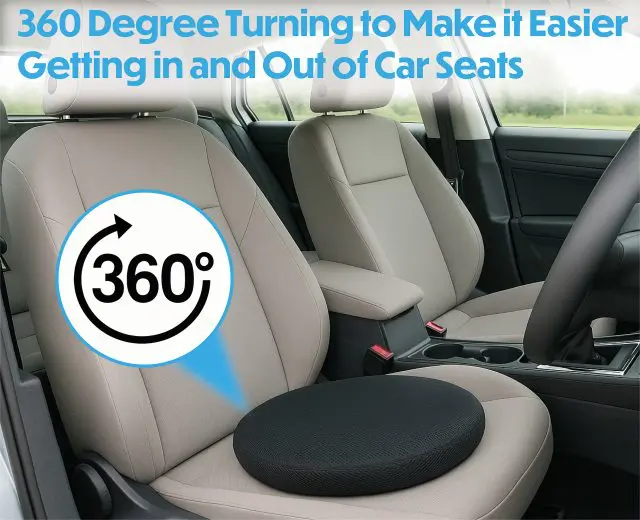 The SWIVEL SEAT CUSHION WITH COOLING GEL LAYER, seen on the driver’s seat, makes getting in and out of car seats easier with its black 360-degree swivel design and added comfort from the cooling gel layer.