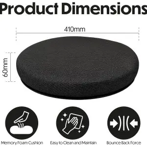 The SWIVEL SEAT CUSHION WITH COOLING GEL LAYER is a round black cushion (410mm diameter, 60mm height) featuring memory foam, easy cleaning, bounce-back force, and cooling gel; three related icons are shown below the cushion.