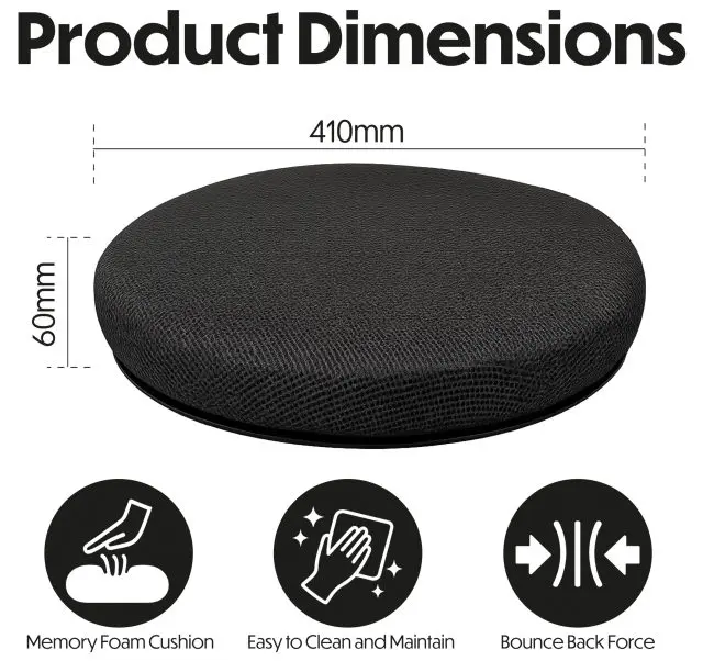The SWIVEL SEAT CUSHION WITH COOLING GEL LAYER is a round black cushion (410mm diameter, 60mm height) featuring memory foam, easy cleaning, bounce-back force, and cooling gel; three related icons are shown below the cushion.