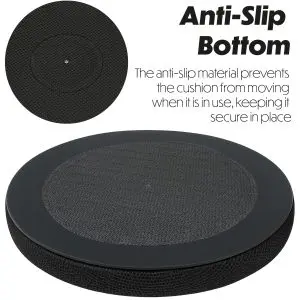 The SWIVEL SEAT CUSHION WITH COOLING GEL LAYER features a round black design and a textured, anti-slip bottom that keeps the cushion securely in place during use.