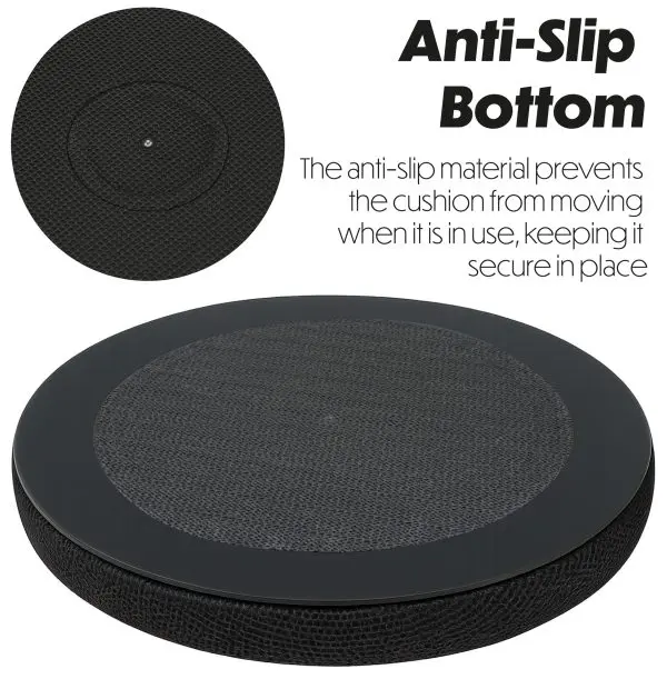 The SWIVEL SEAT CUSHION WITH COOLING GEL LAYER features a round black design and a textured, anti-slip bottom that keeps the cushion securely in place during use.