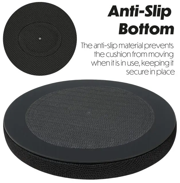 The SWIVEL SEAT CUSHION WITH COOLING GEL LAYER features a round black design and a textured, anti-slip bottom that keeps the cushion securely in place during use.