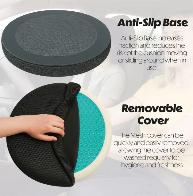 The SWIVEL SEAT CUSHION WITH COOLING GEL LAYER features a round shape, textured black anti-slip base, and a removable mesh cover—partially unzipped to reveal its blue cooling gel layer—displayed on a car seat.