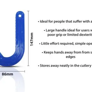 The Ring Pull Can Opener is a blue, J-shaped kitchen tool measuring 147mm in length and 86mm in width, designed for arthritis sufferers with easy operation and safe, compact storage.