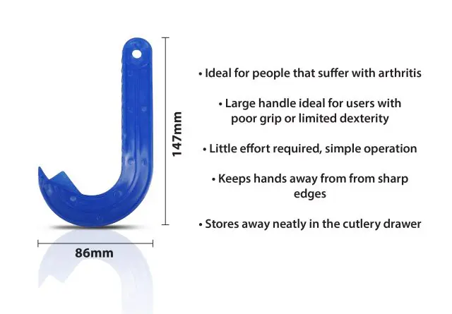 The Ring Pull Can Opener is a blue, J-shaped kitchen tool measuring 147mm in length and 86mm in width, designed for arthritis sufferers with easy operation and safe, compact storage.