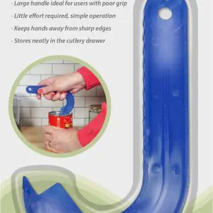 Ring Pull Tin Opener in blue plastic, packaged with usage instructions and a photo demonstrating it opening a tin.