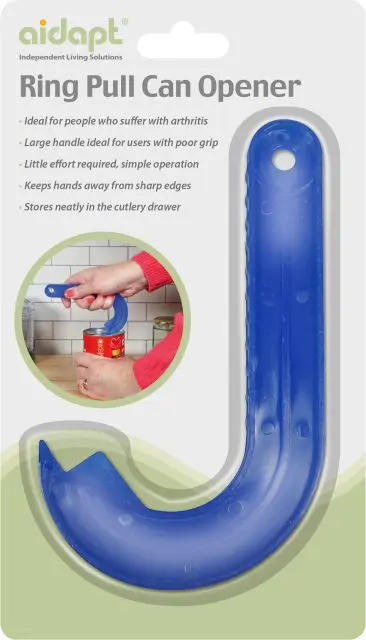Ring Pull Tin Opener in blue plastic, packaged with usage instructions and a photo demonstrating it opening a tin.