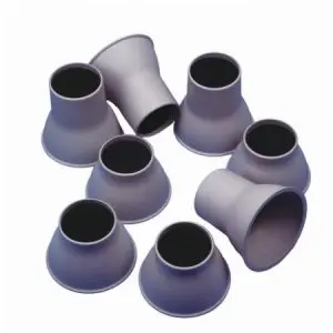 Eight grey plastic furniture cups with wide bases and narrow openings are arranged on a white surface.