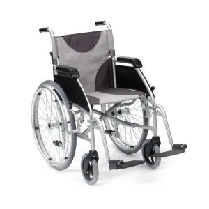The Ultra Lightweight Self-Propel Aluminium wheelchair, featuring large rear wheels, small front wheels, black armrests, and a grey seat and backrest, is displayed on a white background.
