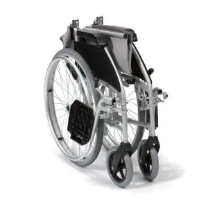 An Ultra Lightweight Self-Propel Aluminium wheelchair, folded upright with large rear wheels and smaller front wheels, displayed on a white background.