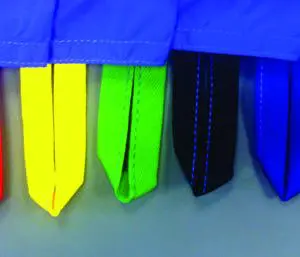 Reusable Tubular Slide Sheets, shown as a blue fabric sheet with five colourful hanging loops in red, yellow, green, black, and blue.