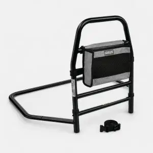 Solo Bed Transfer Aid, Black, featuring a metal handle with an attached grey storage pouch and a separate safety strap.