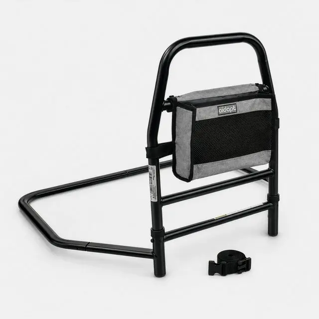 Solo Bed Transfer Aid, Black, featuring a metal handle with an attached grey storage pouch and a separate safety strap.