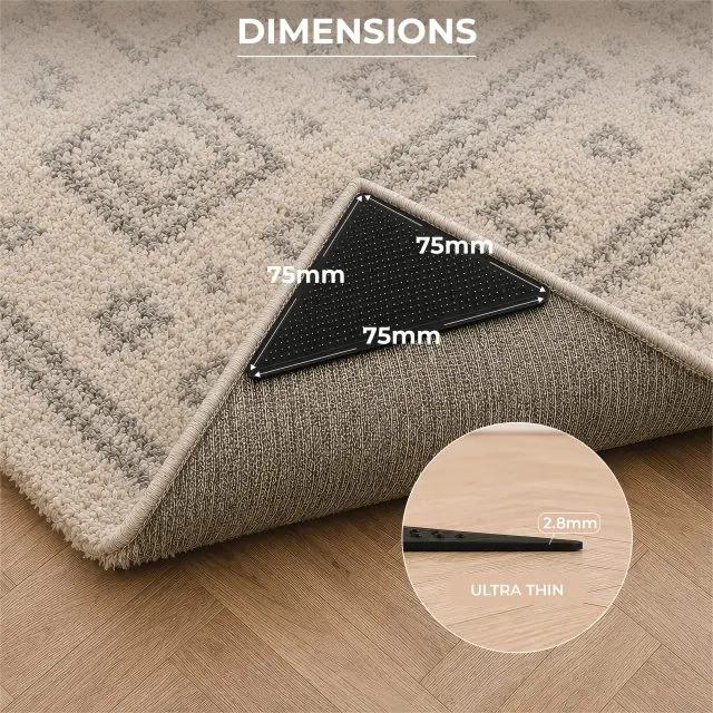 A triangular Rug Stops (Pack of 8) gripper placed under a rug corner, with labels showing dimensions of 75mm on each side and a thickness of 2.8mm.
