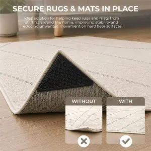 A triangular Rug Stop (Pack of 8) adhesive gripper on a rug corner, with insets showing a curled corner versus one held flat, labelled: “Secure rugs & mats in place.”
