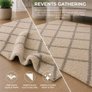 A tan and grey diamond-patterned rug on a wooden floor with a graphic overlay explaining how Rug Stops (Pack of 8) prevent slipping, keep rugs flat, and maintain a tidy appearance.