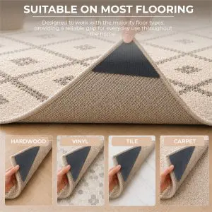 A person applies a triangular Rug Stops (Pack of 8) adhesive gripper to a rug corner on hardwood, vinyl, tile, and carpet flooring, with text reading: “Suitable on most flooring.”
