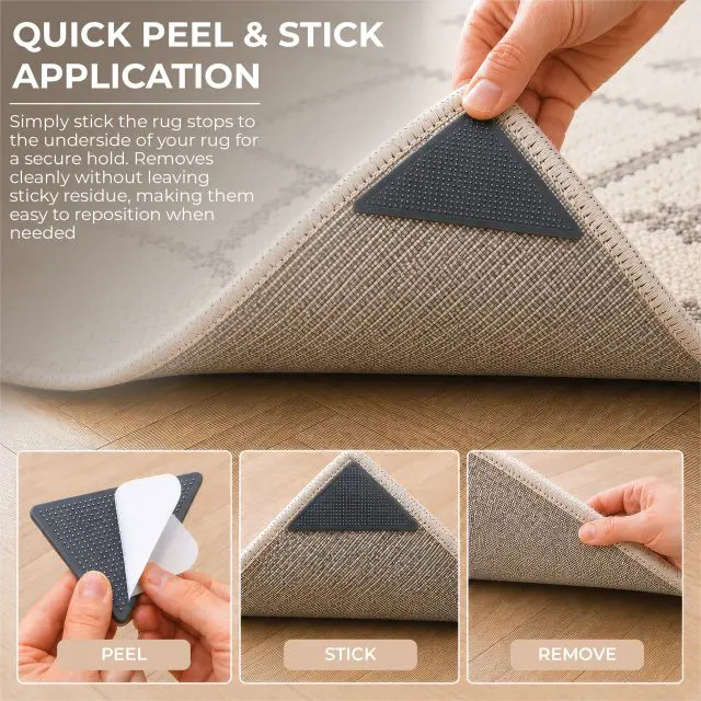 Hands apply a triangular Rug Stopper (Pack of 8) to a rug corner, with step-by-step images showing the process of peeling, sticking, and removing the grippers.