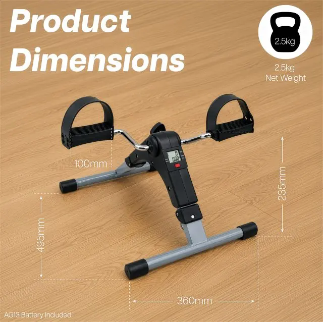 Pedal Exerciser with Digital Display measuring 495mm by 360mm by 235mm, featuring a 2.5kg weight icon.