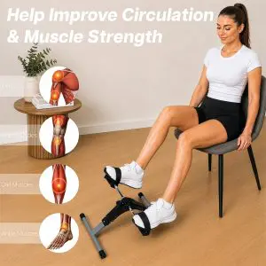 A woman sits in a chair using a Pedal Exerciser with Digital Display, accompanied by anatomical diagrams of arm and leg muscles and the text, “Help Improve Circulation & Muscle Strength.”