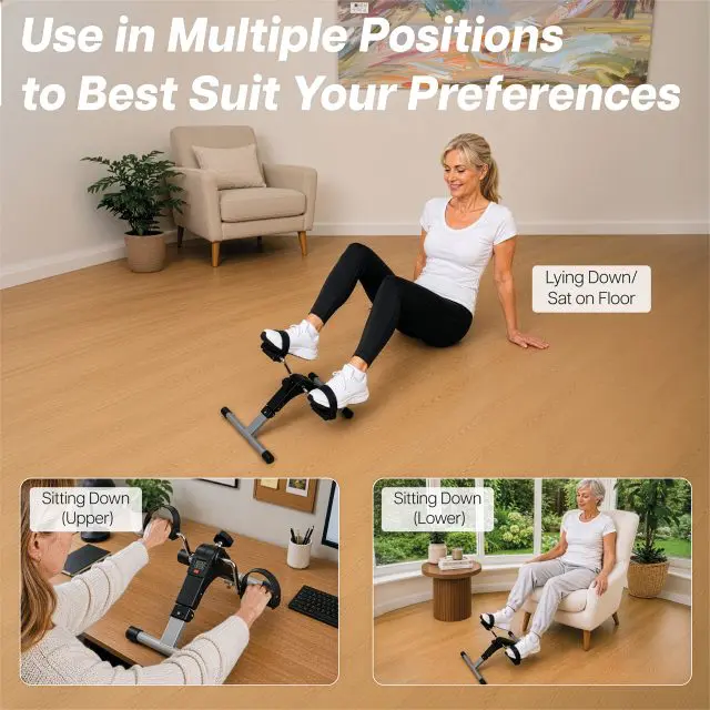A woman demonstrates a Pedal Exerciser with Digital Display in three positions: sitting on the floor, on a desktop, and whilst seated in an armchair.