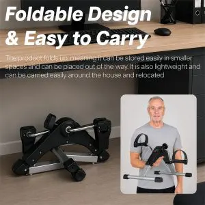 A portable Pedal Exerciser with Digital Display shown folded on the floor and being held by a person.