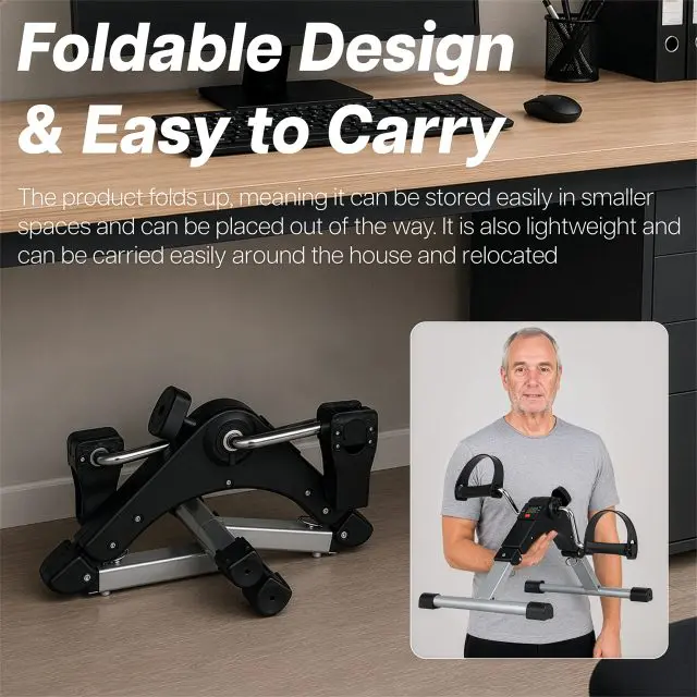 A portable Pedal Exerciser with Digital Display shown folded on the floor and being held by a person.