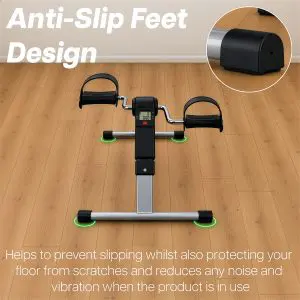 Pedal Exerciser with Digital Display on a wooden floor, with an inset close-up of a rubber anti-slip foot and text highlighting its slip-resistant and floor-protecting design.
