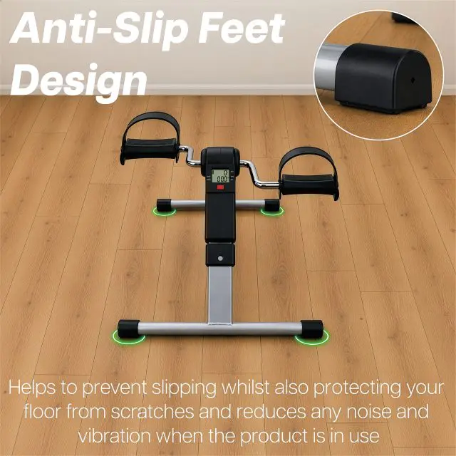 Pedal Exerciser with Digital Display on a wooden floor, with an inset close-up of a rubber anti-slip foot and text highlighting its slip-resistant and floor-protecting design.