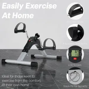 Pedal Exerciser with Digital Display featuring circular call-outs highlighting the pedals, resistance knob, LCD screen, and security pin.