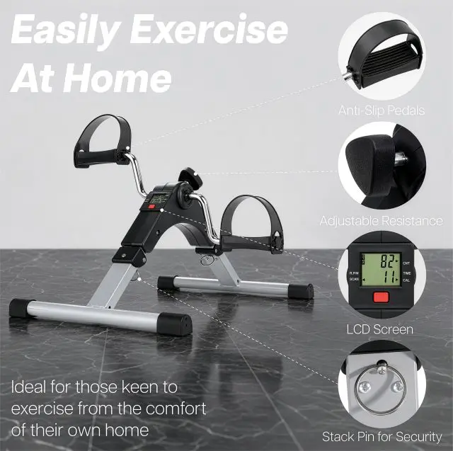 Pedal Exerciser with Digital Display featuring circular call-outs highlighting the pedals, resistance knob, LCD screen, and security pin.