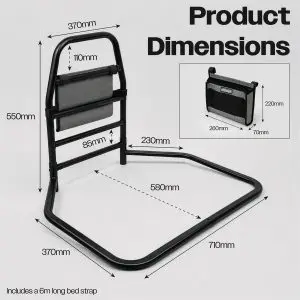 Solo Bed Transfer Aid, Black, featuring dimensions, an inset showing a detachable storage pouch, and a 6m long bed strap.