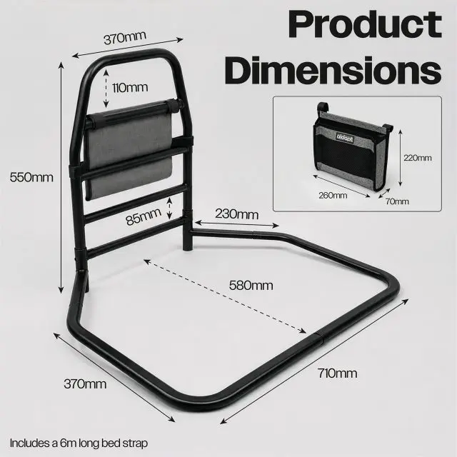 Solo Bed Transfer Aid, Black, featuring dimensions, an inset showing a detachable storage pouch, and a 6m long bed strap.