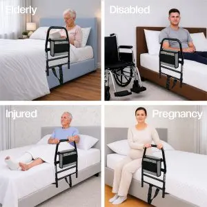 Four-panel collage showing different people using a black Solo Bed Transfer Aid with a storage pouch to help them sit up or transition in and out of bed.