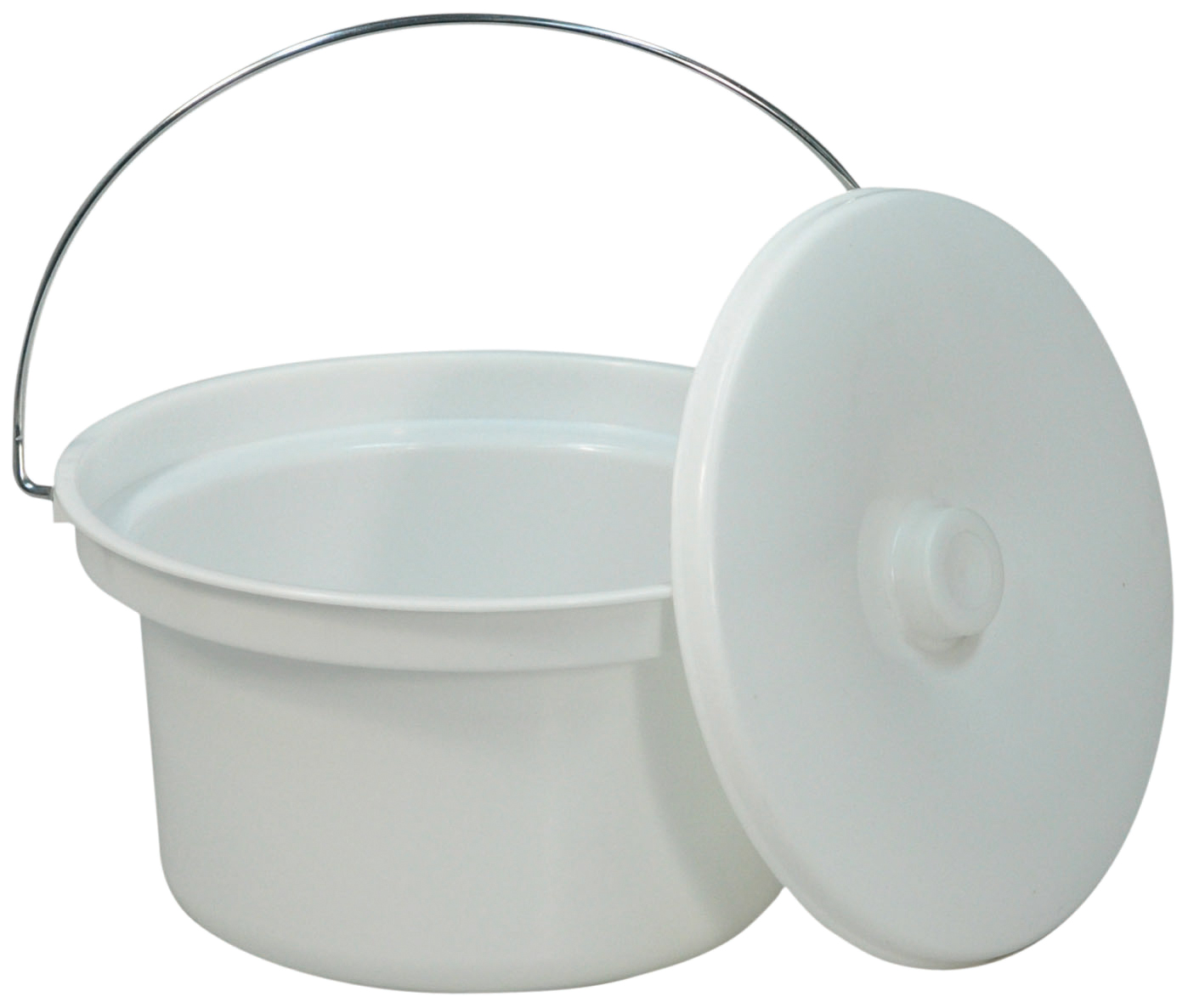 A Commode Bucket (Spares) made of white plastic with a metal handle and a matching lid set at an angle beside the bucket.