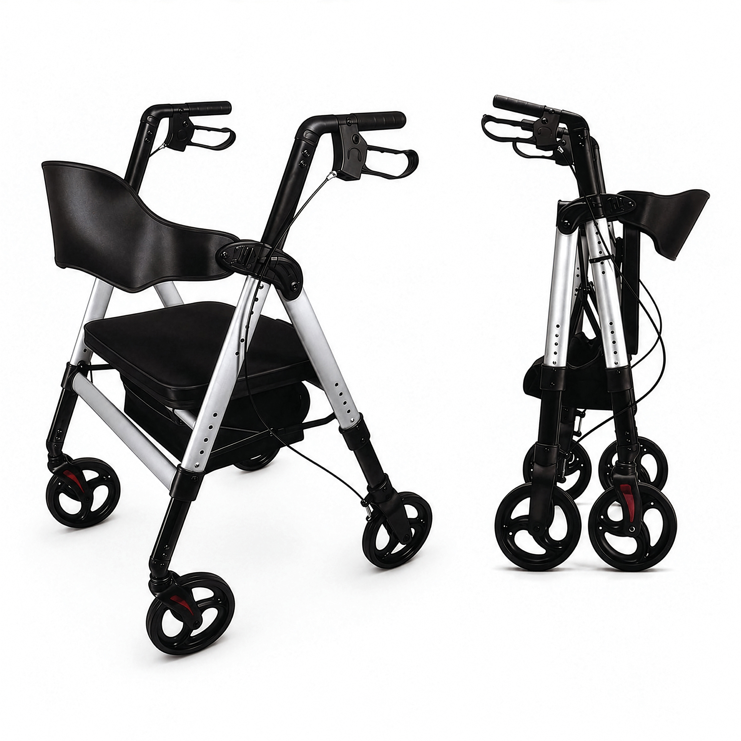 Two views of the Deluxe Bariatric Rollator, a black and silver folding walking frame with four wheels and a seat, are displayed on a white background: fully open on the left and folded for storage on the right.