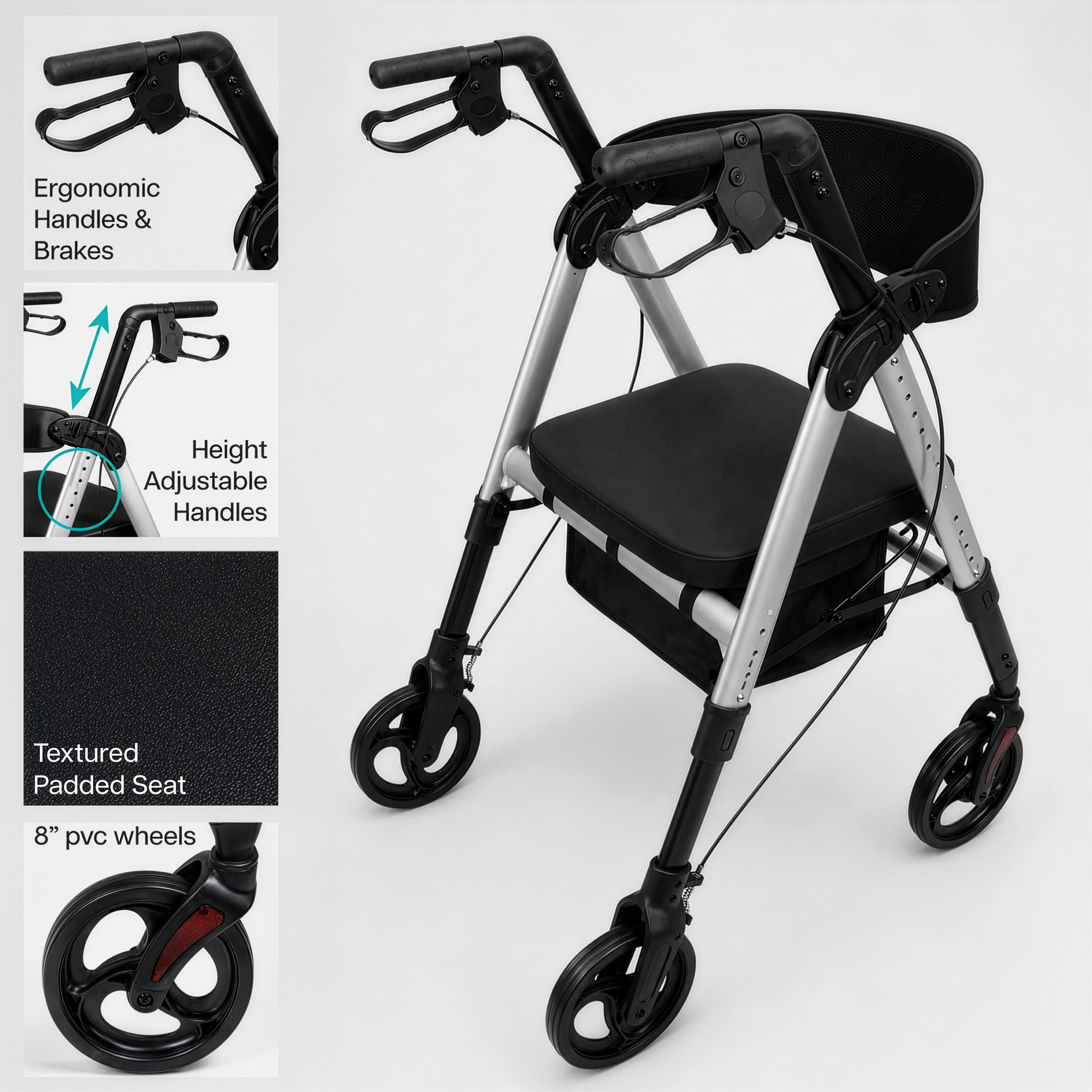 Deluxe Bariatric Rollator features ergonomic, height-adjustable handles, a textured padded seat, convenient under-seat storage, and sturdy 8-inch PVC wheels—with insets highlighting each of these key features.