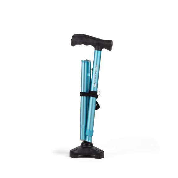 A compact, blue hand pump with a black handle and base, shown standing upright against a white background.