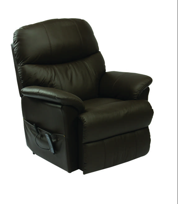 A dark brown leather recliner chair with padded armrests and a side pocket, set against a plain white background.