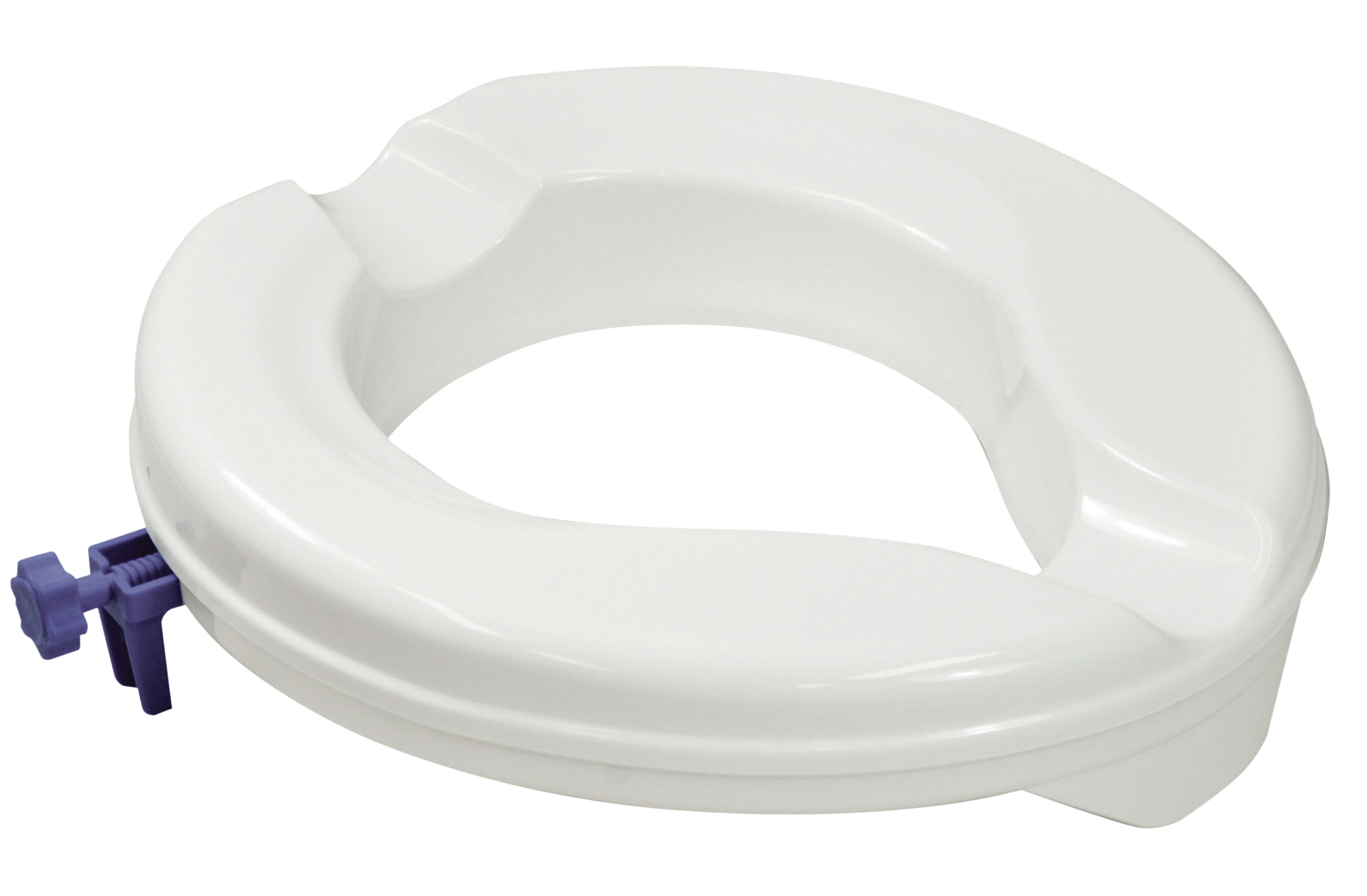White plastic raised toilet seat with a purple adjustable locking mechanism on the side, designed to fit on standard toilet bowls for added height and support.