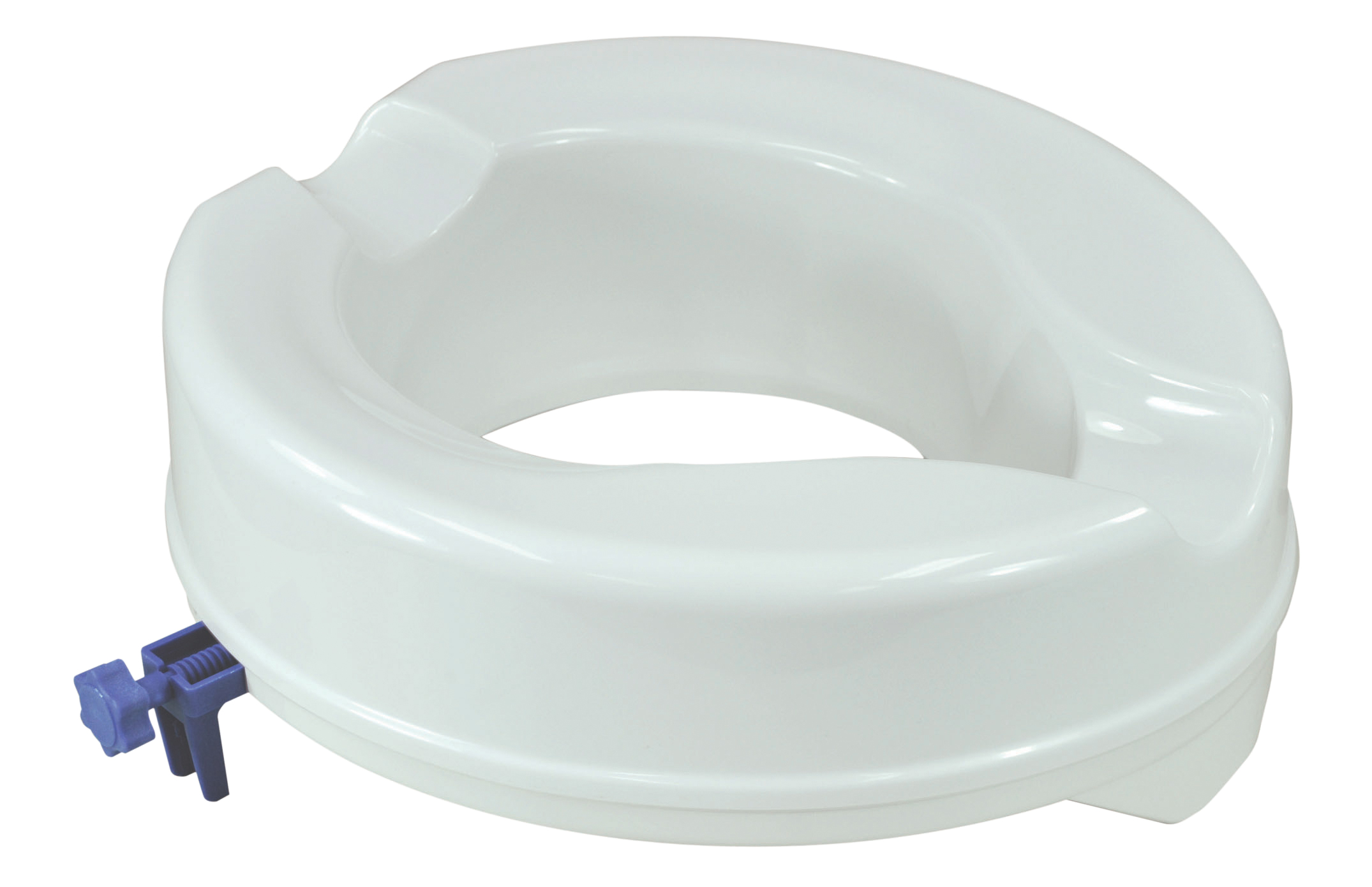 A white plastic raised toilet seat with a purple locking mechanism on the side.