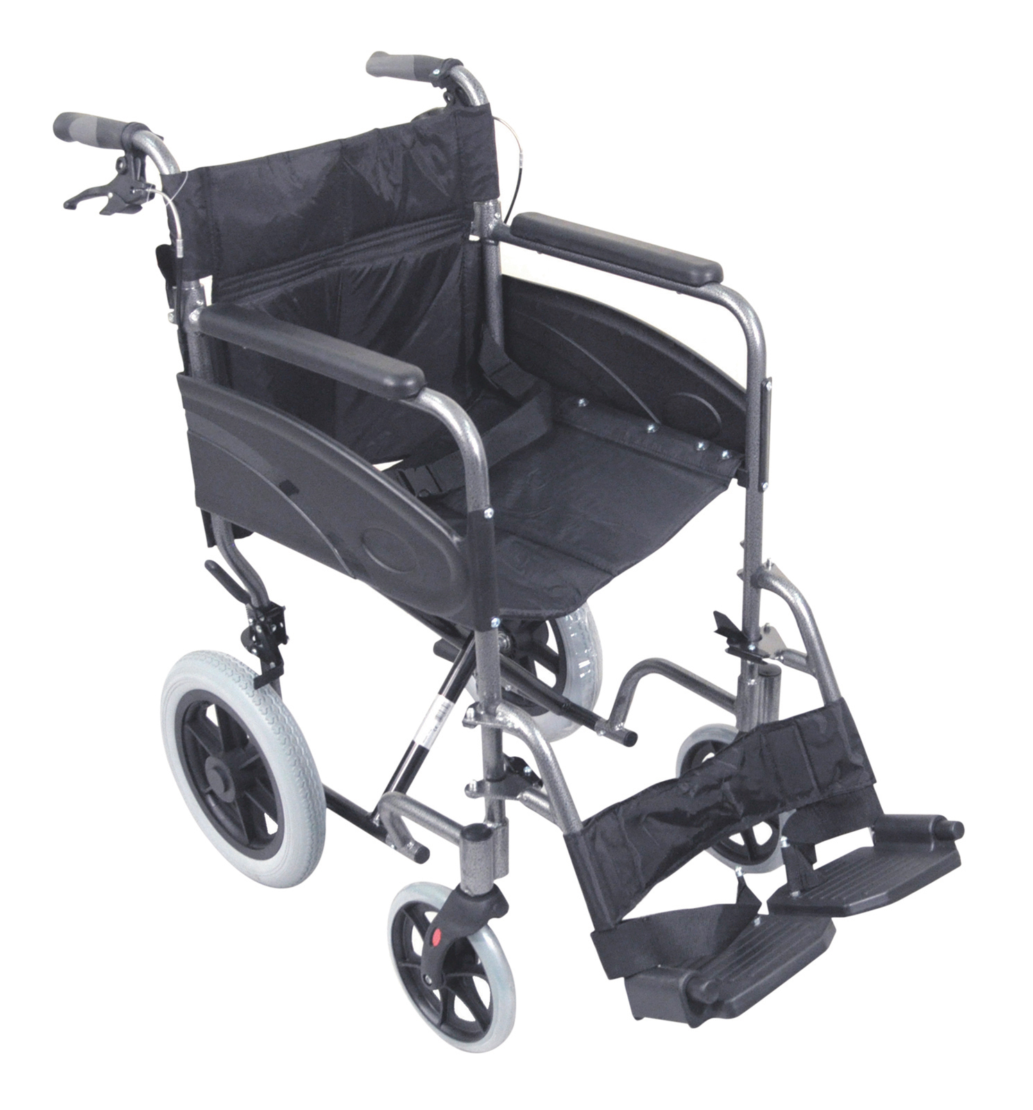 A lightweight, folding manual wheelchair with footrests, large rear wheels, and push handles, positioned on a plain white background.