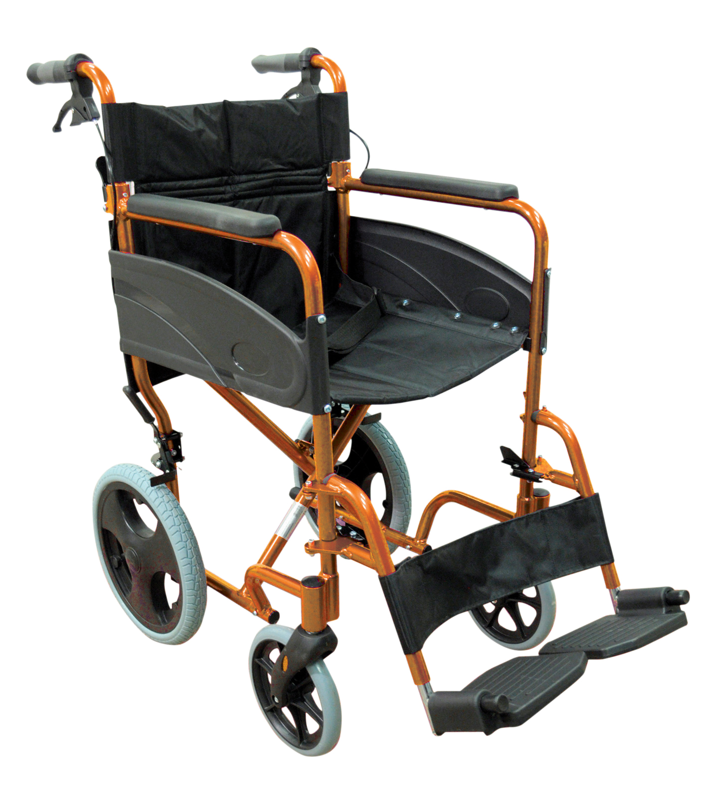 A lightweight transport wheelchair with a black seat, orange frame, large rear wheels, and footrests.
