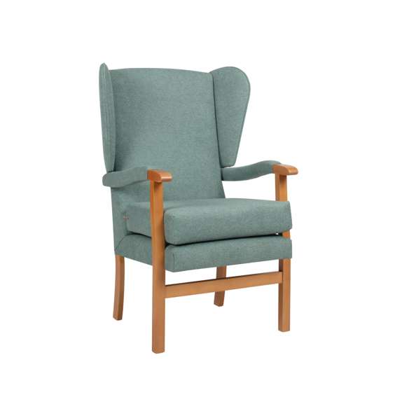 A wooden-framed chair with light green upholstered seat, backrest, and armrests, featuring high back and winged sides.