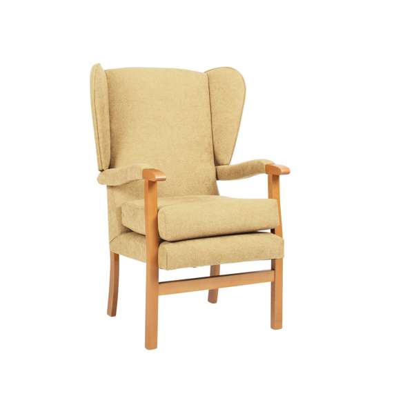 Beige upholstered wingback armchair with wooden frame and legs, photographed against a plain white background.