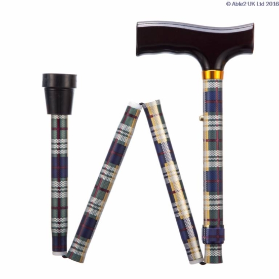 A folding walking stick with a tartan check pattern, dark T-shaped handle, and gold collar, shown both folded and assembled.